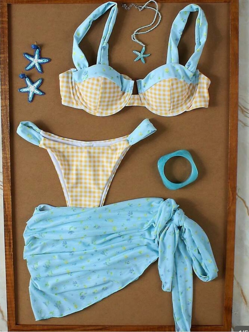 Yellow Gingham & Light Blue Bikini Set with Sarong